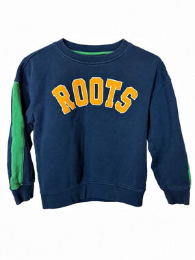 Roots Kids Navy Green Varsity Logo Crewneck Sweatshirt L 9/10